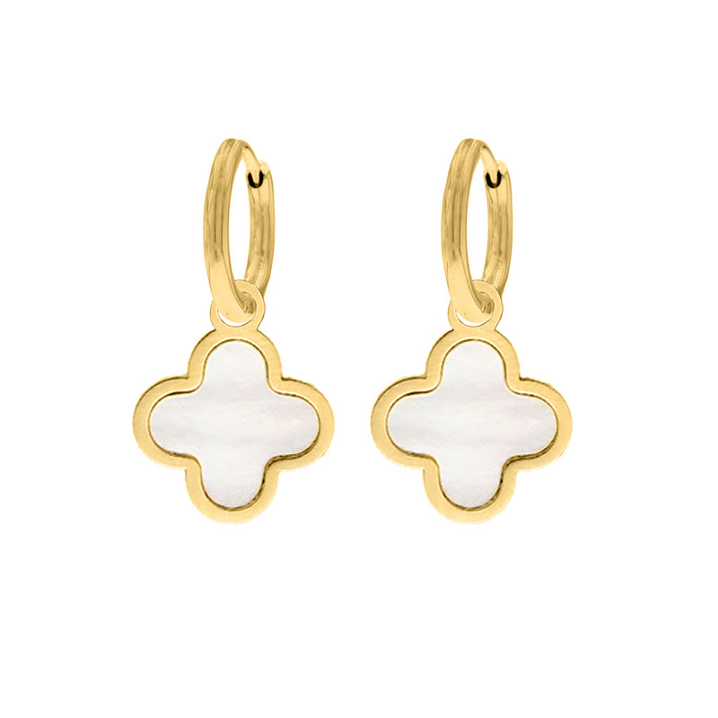 Goldene Ohrringe mit Kleeblatt-Anhänger, Perlmutt, luxuriöses Design, modischer Schmuck.