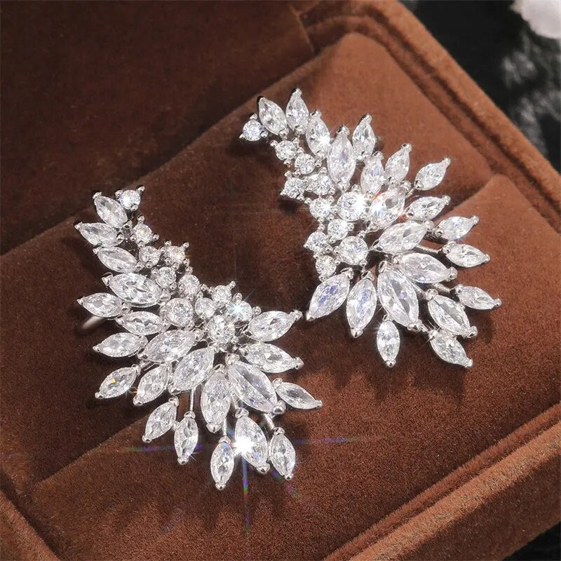 Luxuriöse silberne Ohrringe mit Kristallen auf braunem Samthintergrund, eleganter Schmuck.
