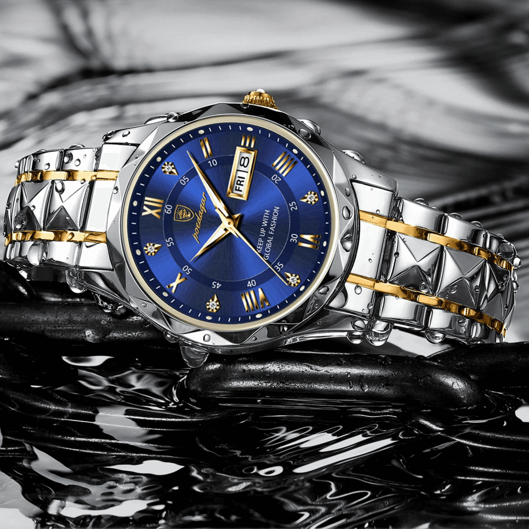 Luxus-Herrenuhr mit blauem Zifferblatt, Edelstahlarmband, goldenen Akzenten, wasserdicht.