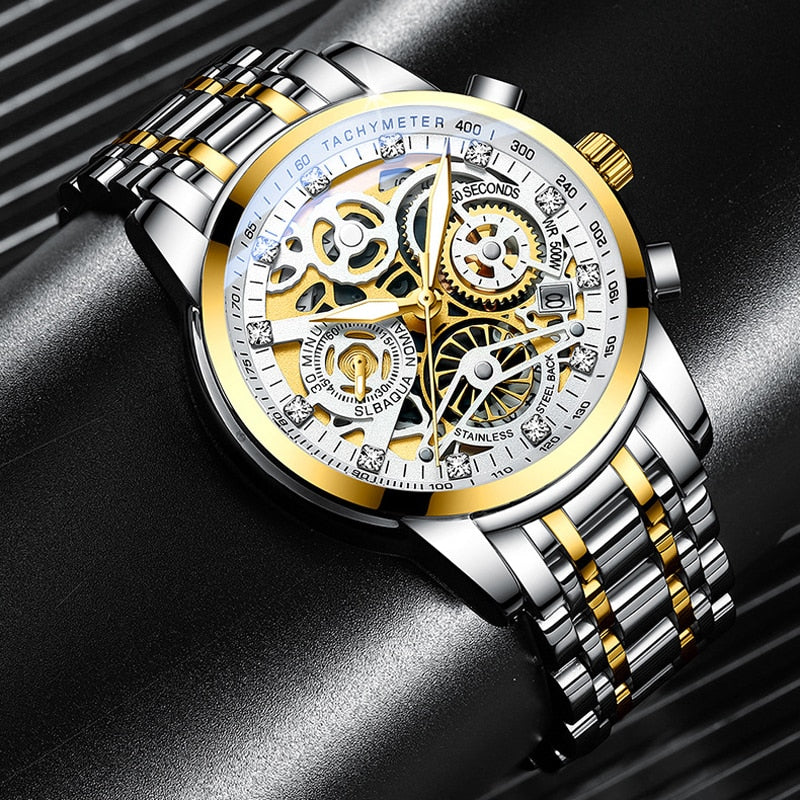 Luxus Herrenarmbanduhr, gold-silber, skelettiertes Zifferblatt, Edelstahlarmband, Chronograph.