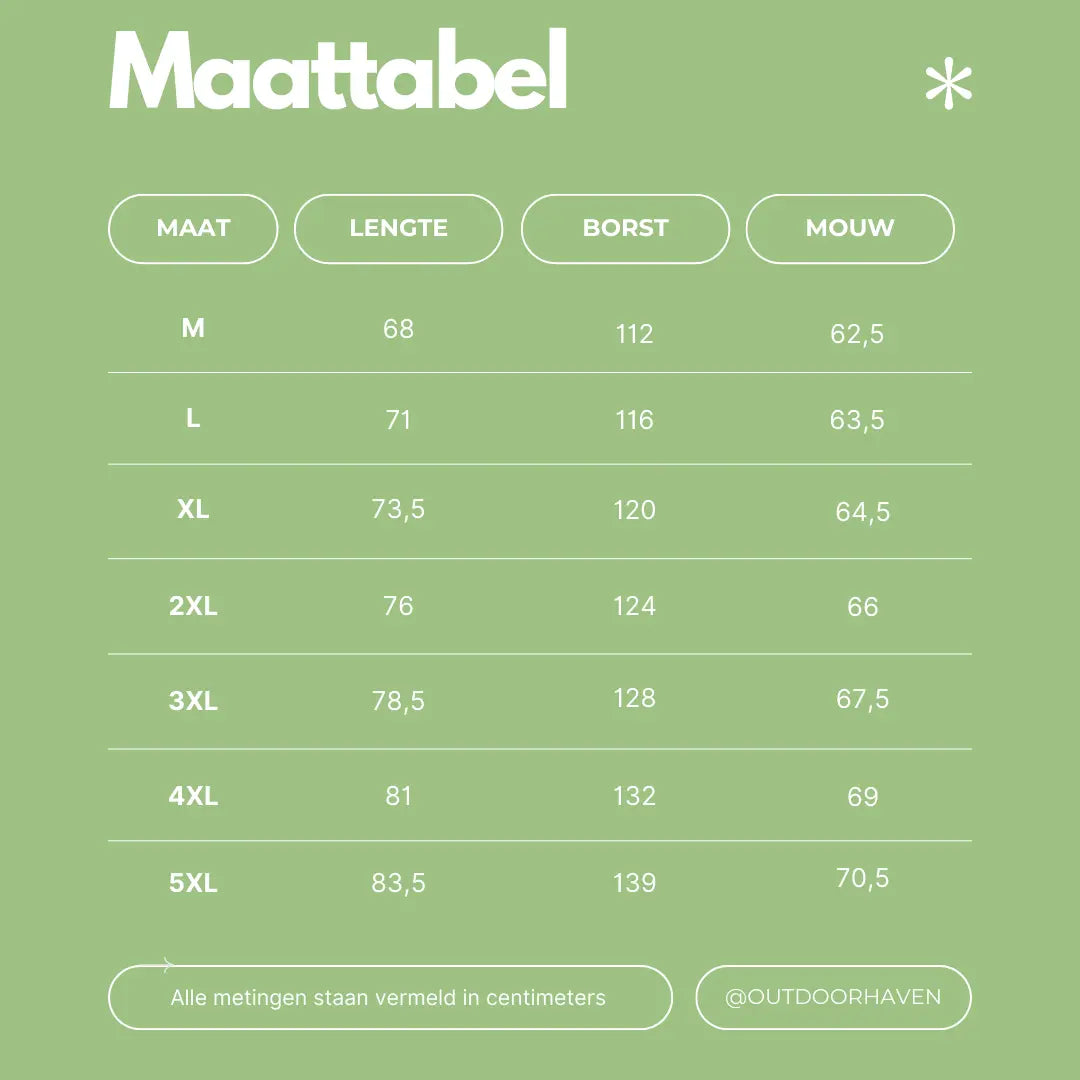 Maattabel voor windjack, maten M bis 5XL, lengte, borst, mouw, OutdoorHaven, groen Hintergrund.