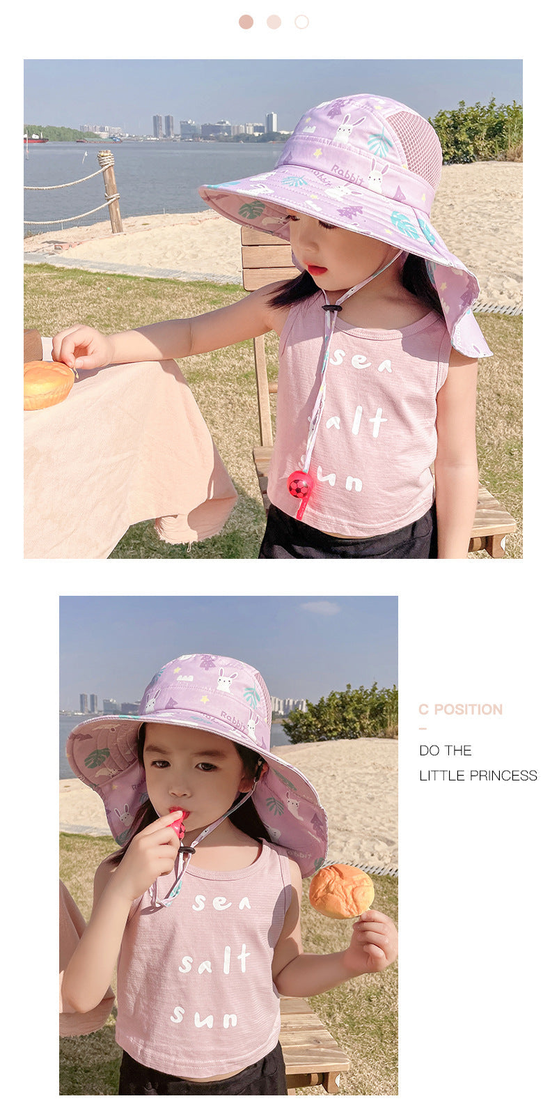 Mädchen mit rosa Hut und "Sea Salt Sun" Shirt am Strand, Sommermode für Kinder.