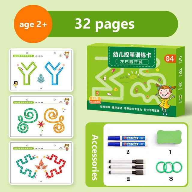 Herbruikbaar kalligrafie werkboek voor kinderen, 32 pagina's, inclusief accessoires, Montessori.