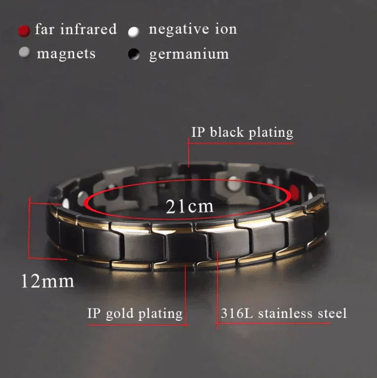 Schwarzes magnetisches Armband, 21cm, 316L Edelstahl, IP Gold- und Schwarzbeschichtung.