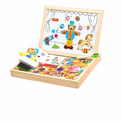 Holz-Magnettafel mit bunten Tierfiguren, Puzzle-Teilen und Stift für Kinder.