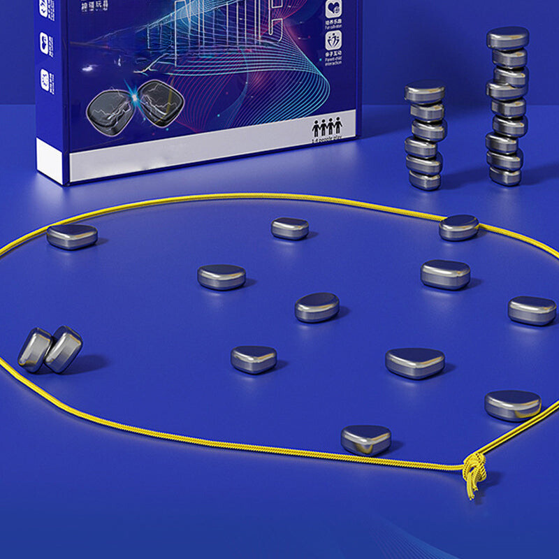 Magnetisches Geschicklichkeitsspiel, blau-gelbe Verpackung, silberne Magnete, Freizeitspielzeug