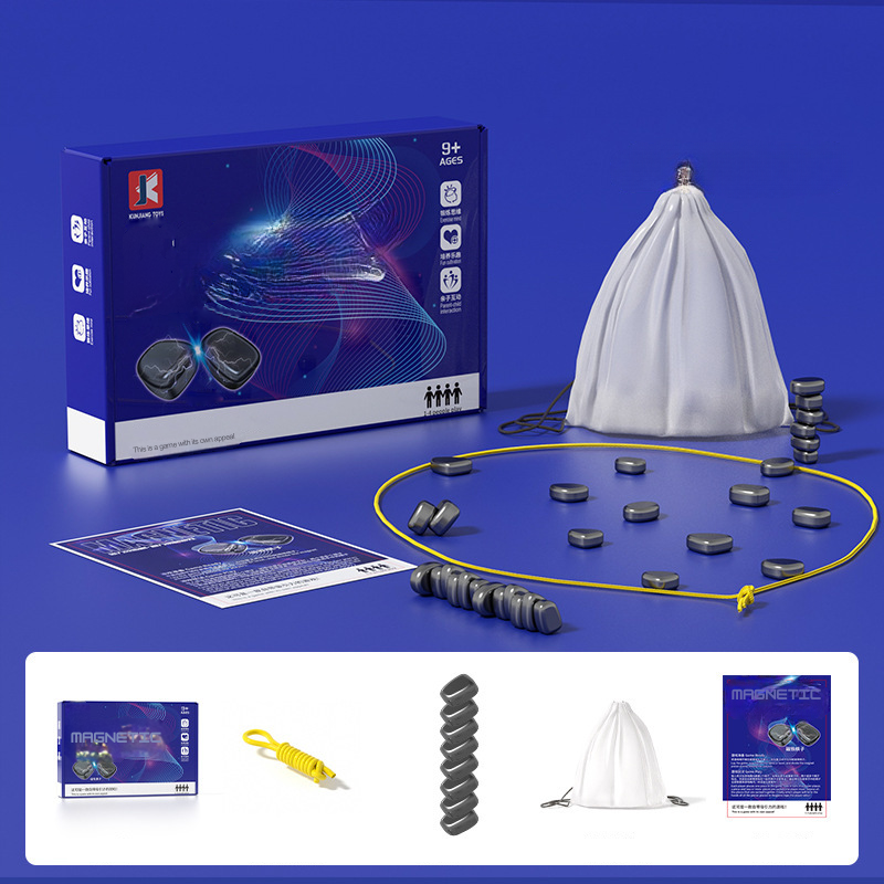 Magnetspiel-Set für Kinder, blau, mit Zubehör und Aufbewahrungstasche, ab 9 Jahren.