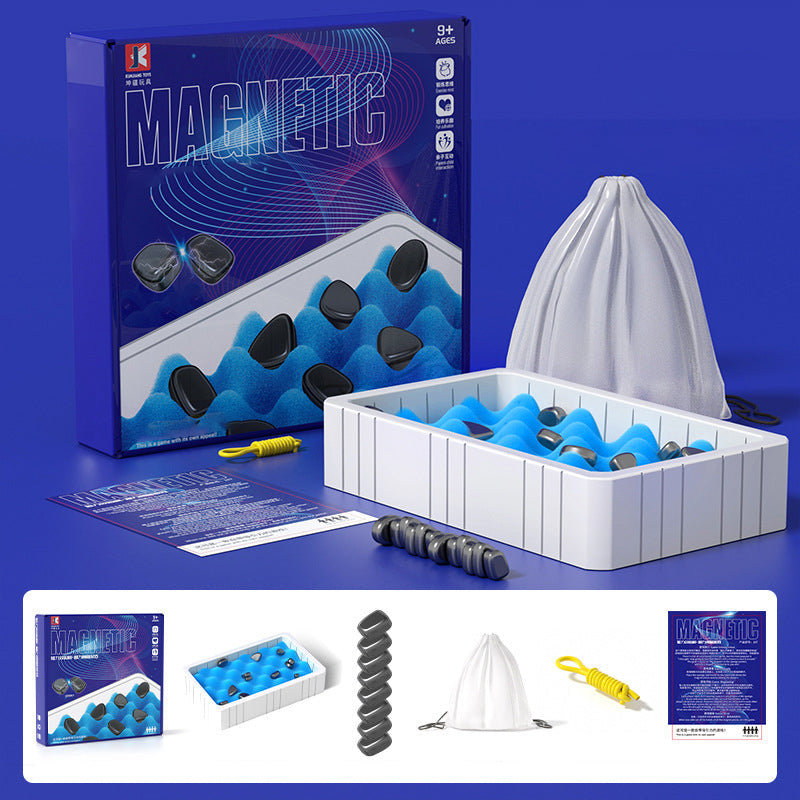 Brettspiel "Magnetic" für Kinder ab 9 Jahren, blau, mit Zubehör und Aufbewahrungsbeutel.