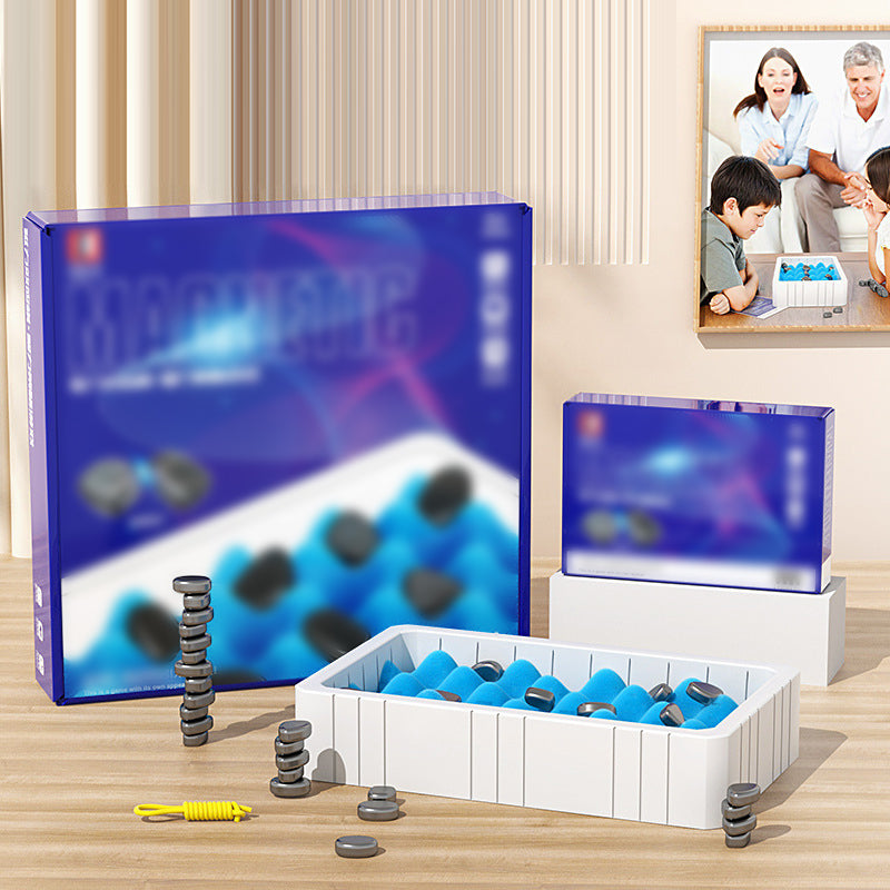Blaues magnetisches Spielzeug-Set mit Bausteinen und Aufbewahrungsbox auf Holztisch.
