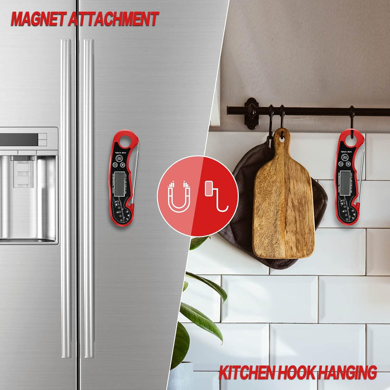Digitales rotes Küchenthermometer mit Magnet, Haken, Edelstahl, ideal zum Kochen und Grillen.