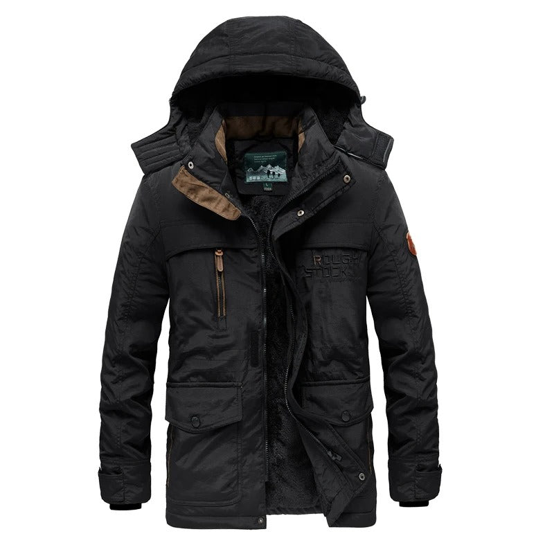 Schwarze Herren-Winterjacke mit Kapuze, Reißverschlusstaschen, warm gefüttert, Outdoor-Bekleidung.