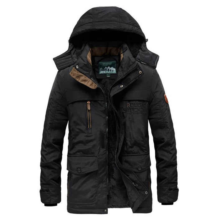 Schwarze Herren-Winterjacke mit Kapuze, Reißverschlusstaschen, warm gefüttert, Outdoor-Bekleidung.