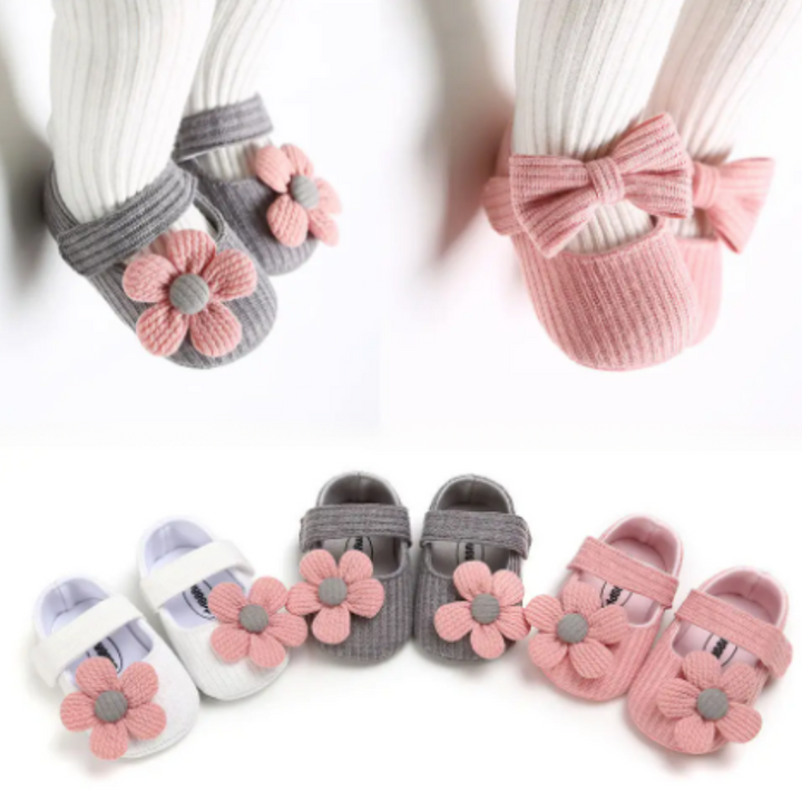 Baby-Mädchen-Schuhe, rosa und grau, mit Blumenmuster, weiche Sohle, rutschfest.