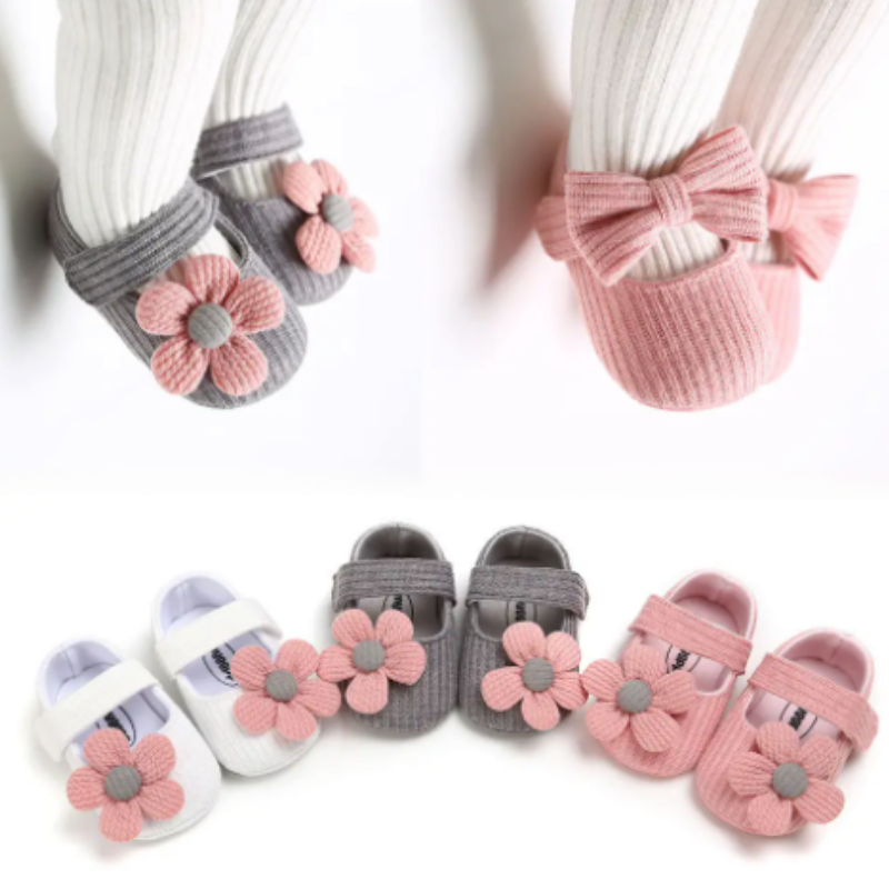 Baby-Mädchen-Schuhe, rosa und grau, mit Blumenmuster, weiche Sohle, rutschfest.