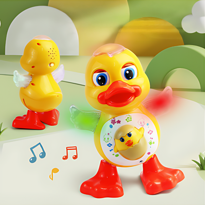 Gelbe Spielzeug-Ente mit leuchtenden Flügeln, rotem Schnabel und Musiknoten, Kinderzimmer-Dekor.