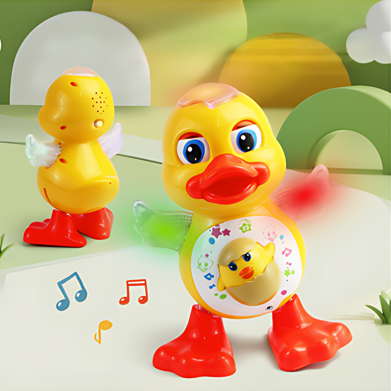 Gelbe Spielzeug-Ente mit leuchtenden Flügeln, rotem Schnabel und Musiknoten, Kinderzimmer-Dekor.