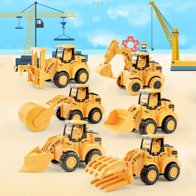 Gelbe Spielzeug-Baumaschinen-Set aus Kunststoff, Bagger und Kran, Kinderfahrzeuge.