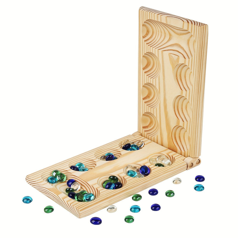 Holz-Mancala-Spiel mit bunten Glassteinen, klappbares Design, strategisches Brettspiel.