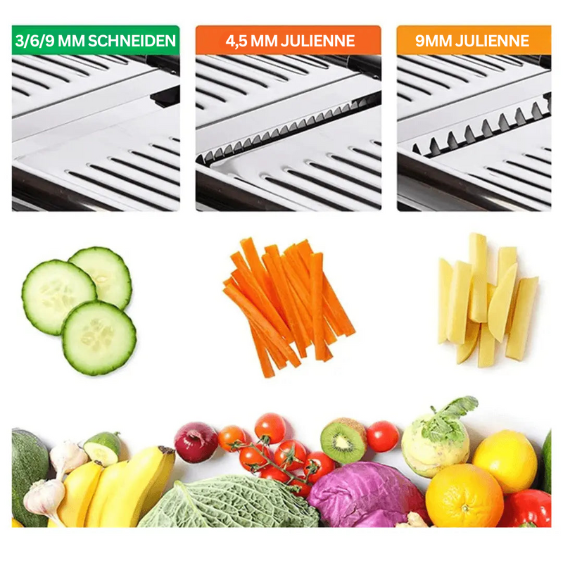 Mandoline Gemüseschneider, Edelstahlklingen, 3/6/9 mm Schneiden, 4,5/9 mm Julienne, vielseitig.