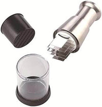 Manueller Gemüseschneider aus Edelstahl, zerlegbar, mit transparentem Behälter und schwarzem Deckel.