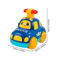 Blaues Spielzeug-Polizeiauto aus Kunststoff, bunt, mit Gesicht, Maße 9,5x10x7,5 cm.