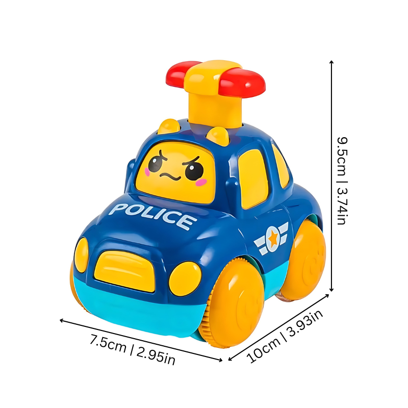 Blaues Spielzeug-Polizeiauto aus Kunststoff, bunt, mit Gesicht, Maße 9,5x10x7,5 cm.