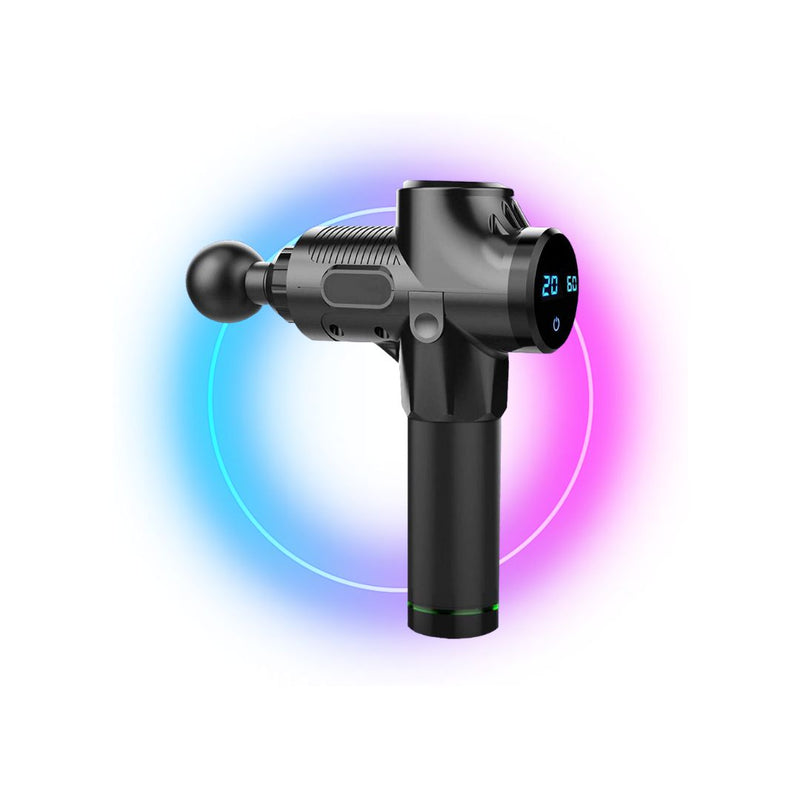 Schwarze Massagepistole mit digitalem Display, ergonomisch, für Muskelentspannung und Regeneration.