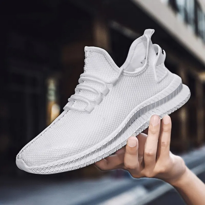 Weiße Herren-Sneaker, atmungsaktives Mesh, sportlich, modisch, bequeme Laufschuhe.