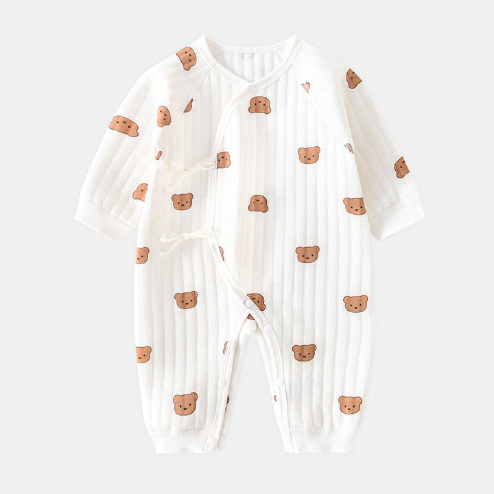 Weißer Babystrampler mit Bärenmuster, langärmelig, Baumwolle, Unisex, bequem, niedlich.