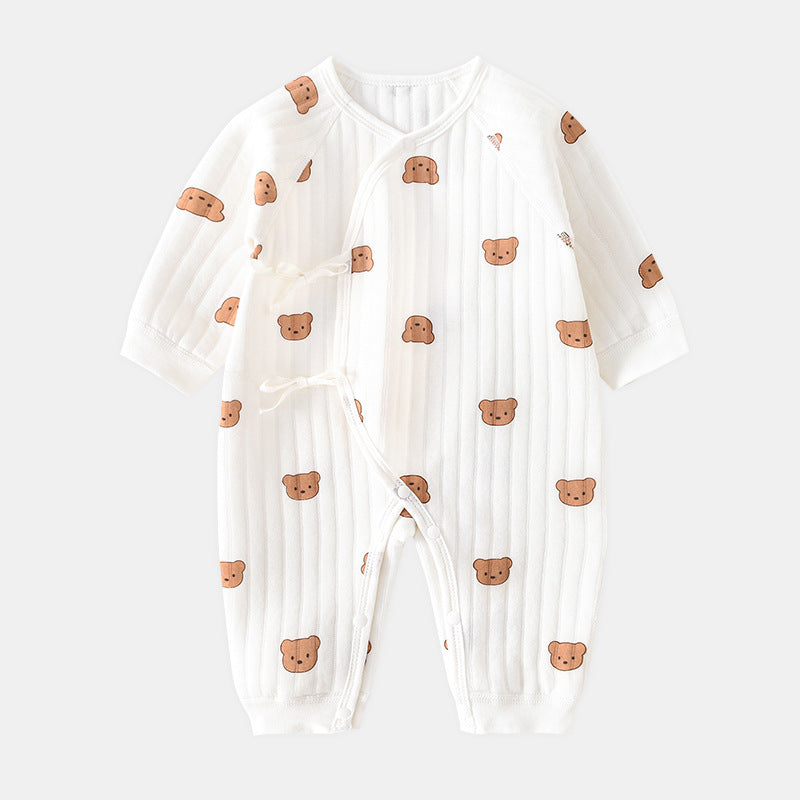 Weißer Babystrampler mit Bärenmuster, langärmelig, Baumwolle, Unisex, bequem, niedlich.