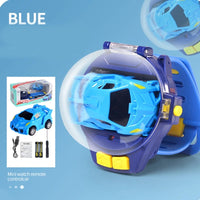 Blaue Mini-Fernsteuerungsuhr mit Auto, Spielzeugauto, Kinder, Geschenk, tragbar, innovativ.
