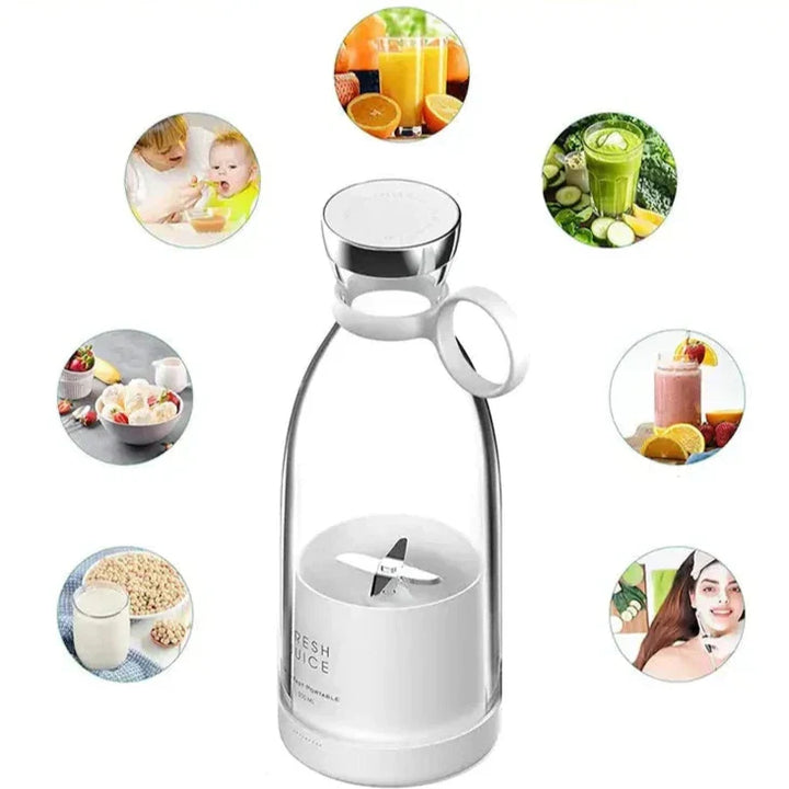Tragbarer weißer Mixer für Smoothies, Säfte und Babynahrung, kabellos, kompakt, USB-aufladbar.