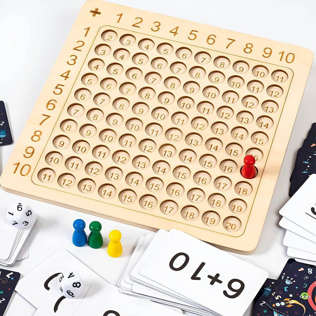 Lernspiel Holzbrett zur Multiplikation 1–10 mit Karten & Würfeln