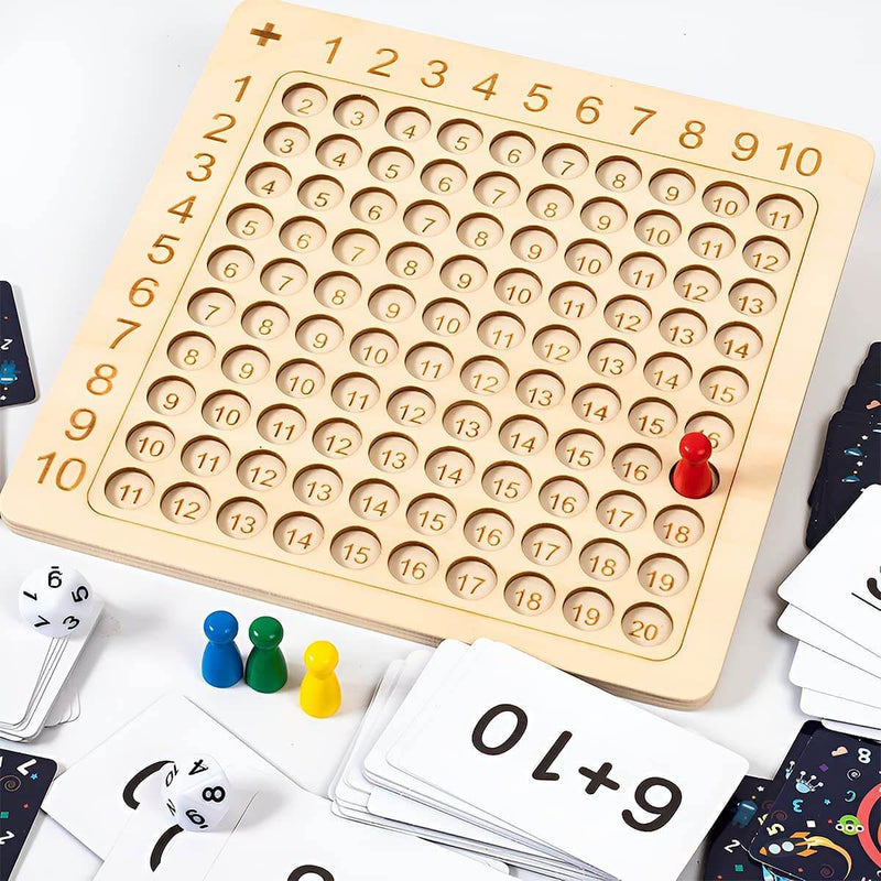Lernspiel Holzbrett zur Multiplikation 1–10 mit Karten & Würfeln