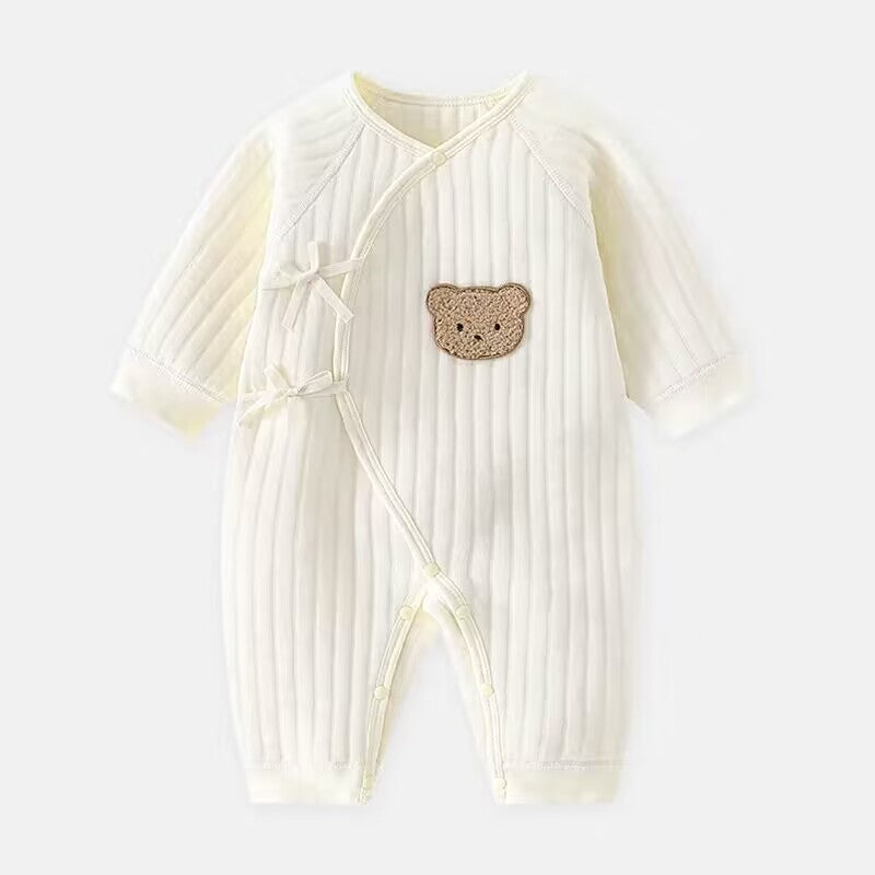 Weißer Babystrampler mit Bärenmotiv, Baumwolle, langärmelig, Neugeborenenkleidung, Unisex