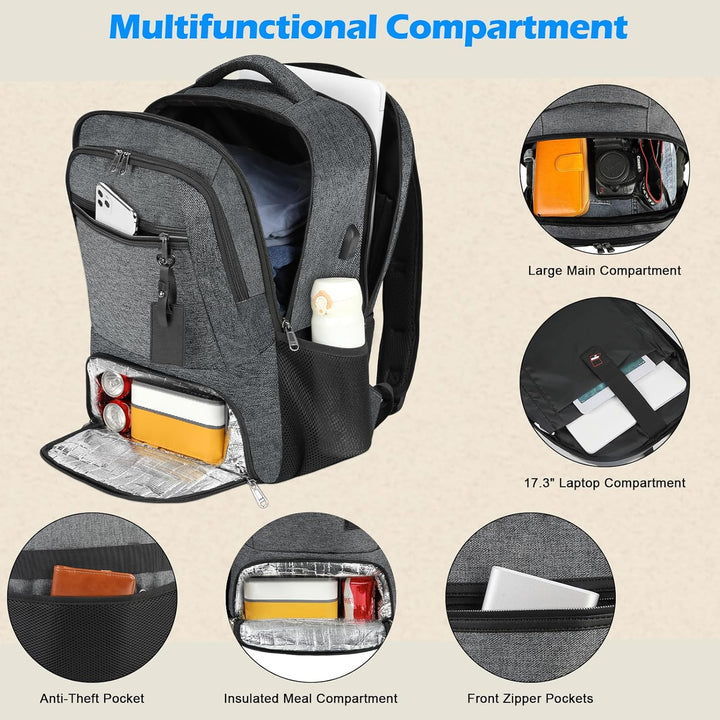 Wasserdichter Laptop- und Lunch-Rucksack mit USB-Anschluss – Multikompartiment-Reisetasche