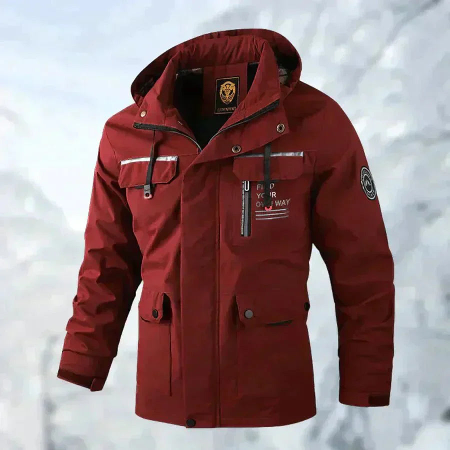 Rote wasserdichte Herrenjacke aus Titan, Outdoor-Winterjacke mit Kapuze und Taschen.
