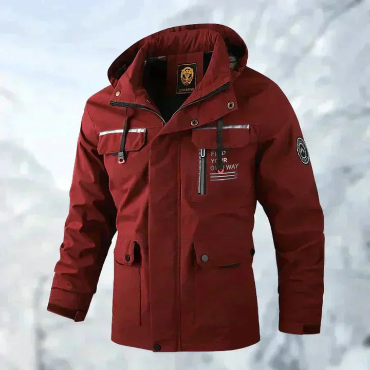 Rote wasserdichte Herrenjacke aus Titan, Outdoor-Winterjacke mit Kapuze und Taschen.