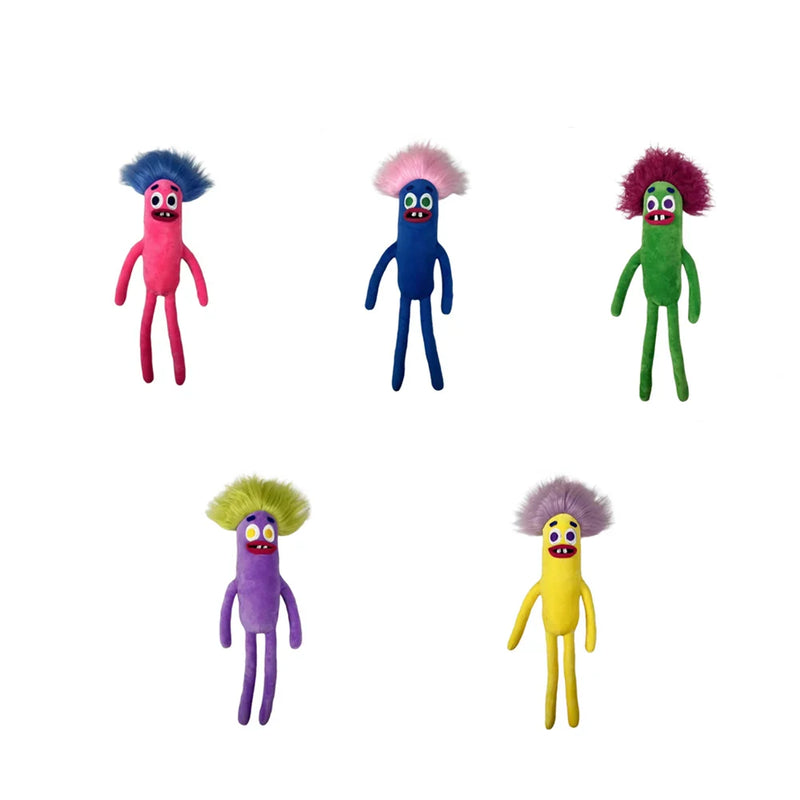 Fünf bunte Plüschfiguren mit lustigen Gesichtern und Haaren auf weißem Hintergrund.