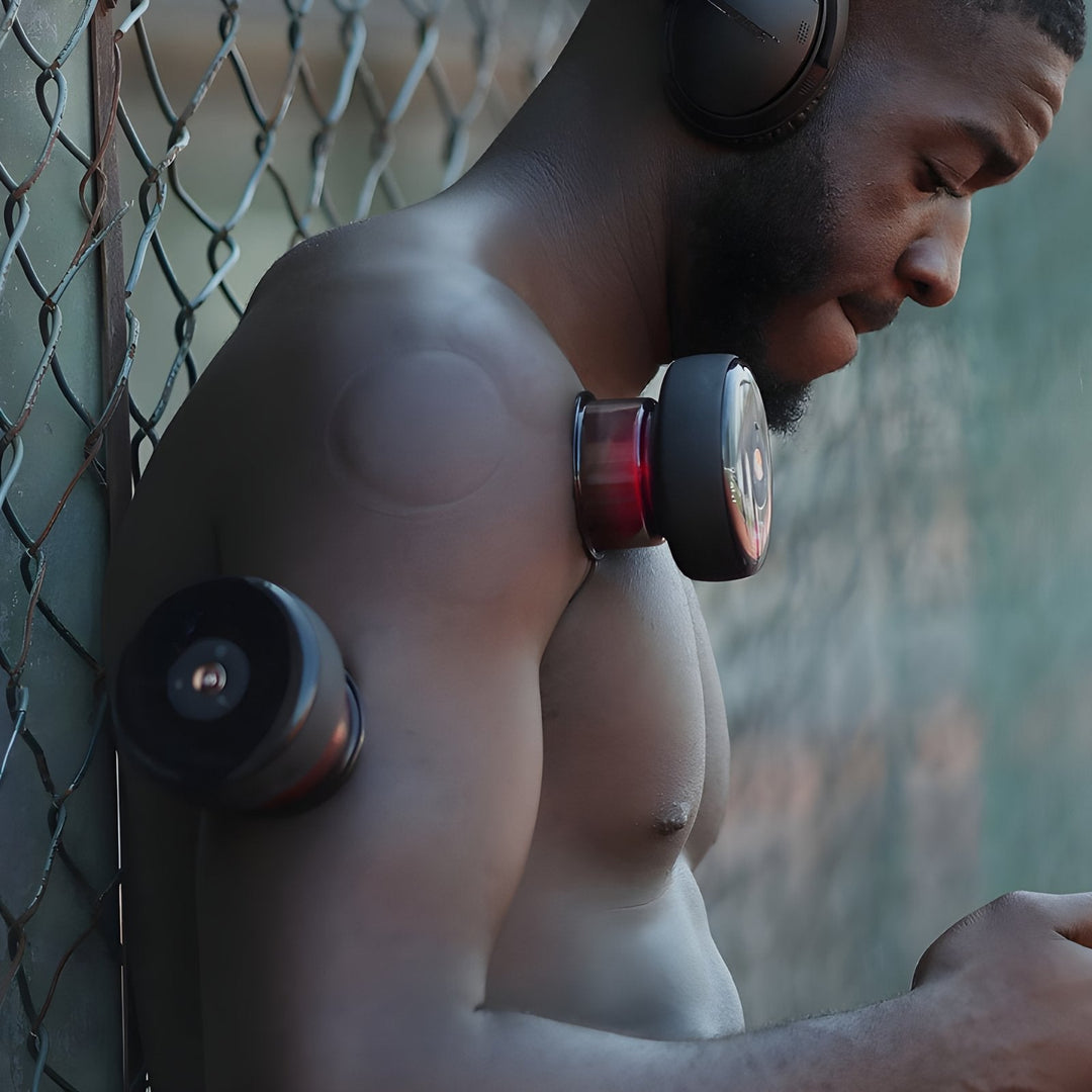 Mann mit kabellosen Kopfhörern und tragbarem Lautsprecher, sportlich, urbaner Hintergrund.