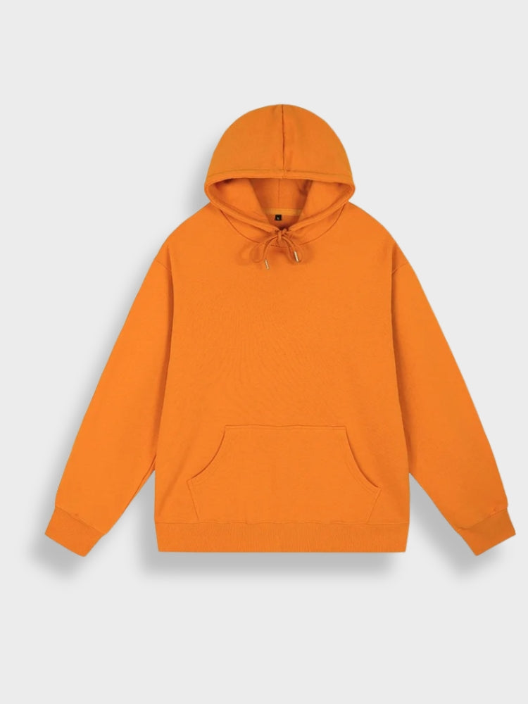 Orangefarbener Kapuzenpullover aus Baumwolle, Unisex, lässiger Stil, Kängurutasche.