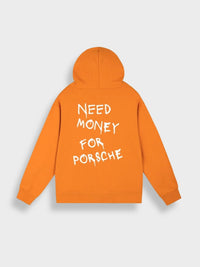 Orange Hoodie mit Aufschrift "Need Money for Porsche", Baumwolle, Unisex, modisch, Streetwear.