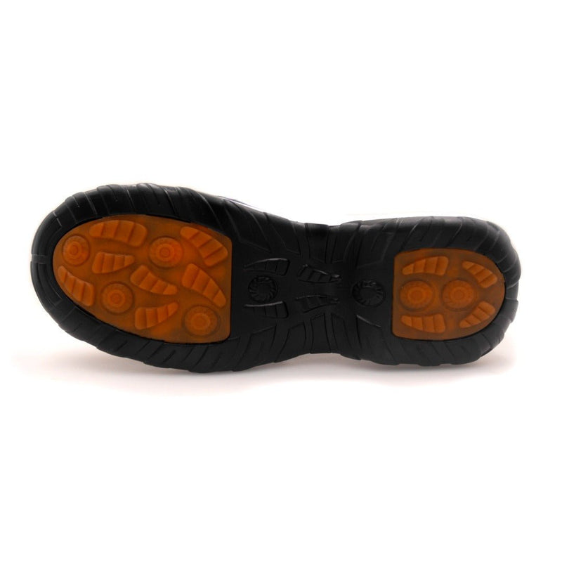 Schwarze Sohle mit orangefarbenem Profil, rutschfest, für orthopädische Stretch-Schuhe.