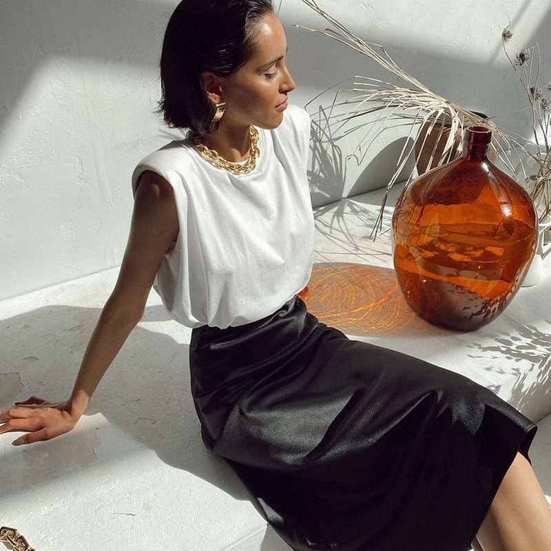 Satinschimmernder Damen Midirock in A-Linie mit hoher Taille – Liora