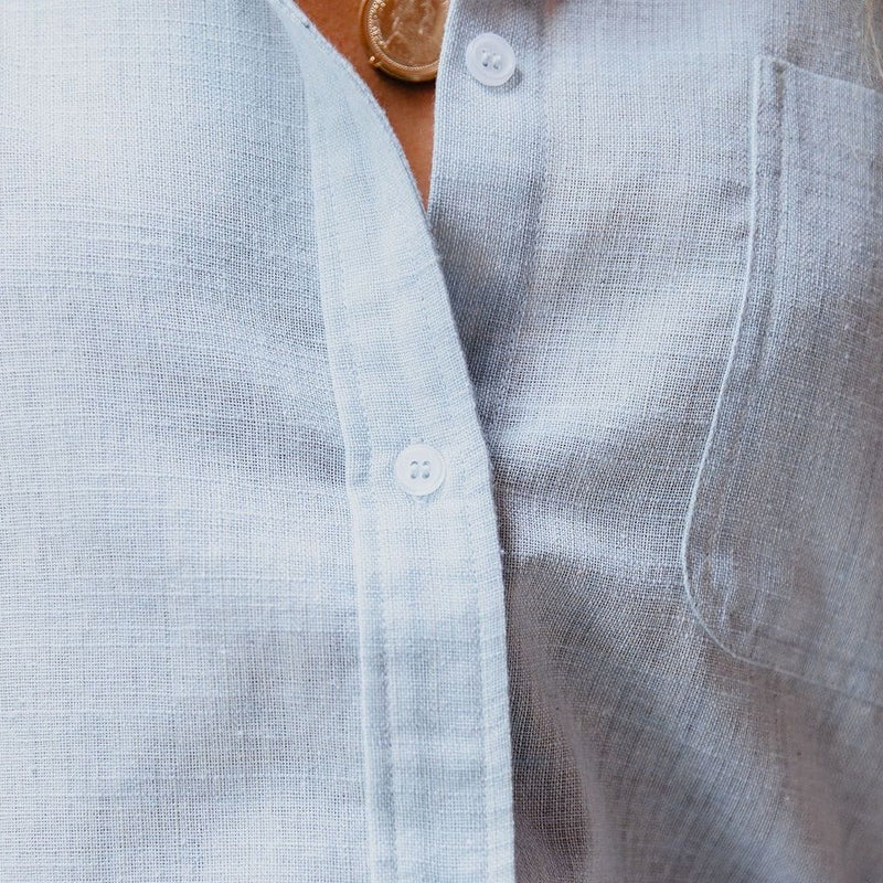 Leinen-Baumwolle Damenbluse mit Brusttasche und Stehkragen – Herbstzauber Malani