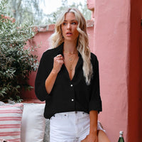 Leinen-Baumwolle Damenbluse mit Brusttasche und Stehkragen – Herbstzauber Malani