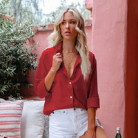 Leinen-Baumwolle Damenbluse mit Brusttasche und Stehkragen – Herbstzauber Malani