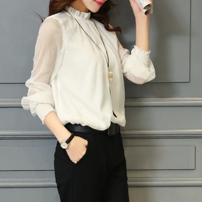 Stilvolle Damen Chiffonbluse mit Rüschen & transparenten Ärmeln – Herbstzauber Elina