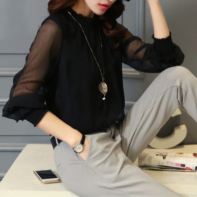 Stilvolle Damen Chiffonbluse mit Rüschen & transparenten Ärmeln – Herbstzauber Elina