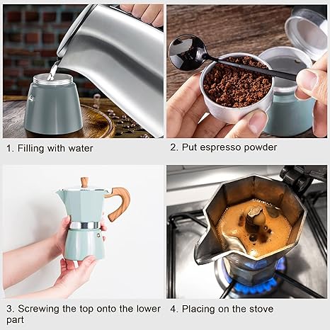 Espressokocher Anleitung: Wasser einfüllen, Espressopulver hinzufügen, zusammenschrauben, erhitzen.